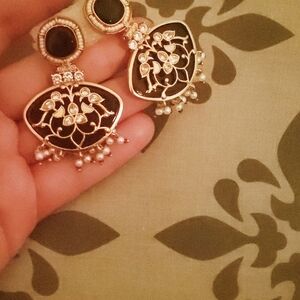 Black and Gold Floral Drop Earrings - Women Jewelry